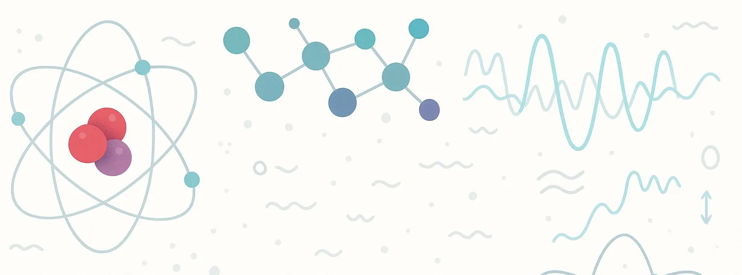 Stylized science illustration with atoms and waves